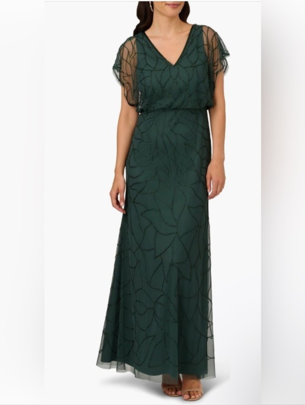 Adrianna Papell Dark Green Beaded Flutter Sleeve Formal Occasion Gown Size 14